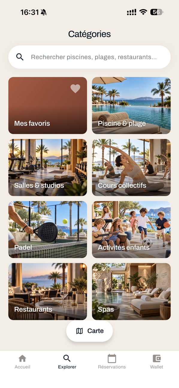Écran Explorer de l’application EMTIAZ : recherche, catégories de lieux, favoris et accès à la carte