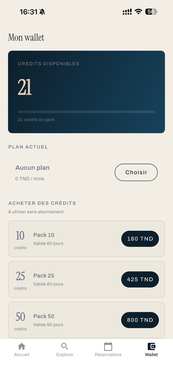 Écran Mon wallet de l’application EMTIAZ : crédits disponibles, plan actuel et packs de crédits