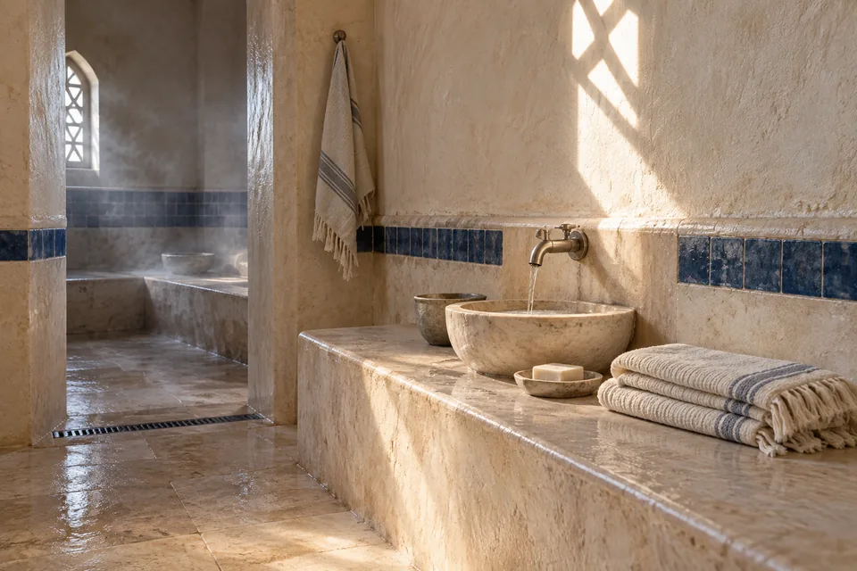 Un hammam en pierre claire, avec du linge plié et une lumière douce