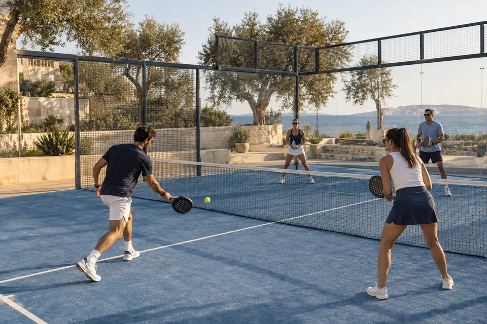 Quatre amis jouent au padel sur un terrain extérieur, entre murs clairs et oliviers