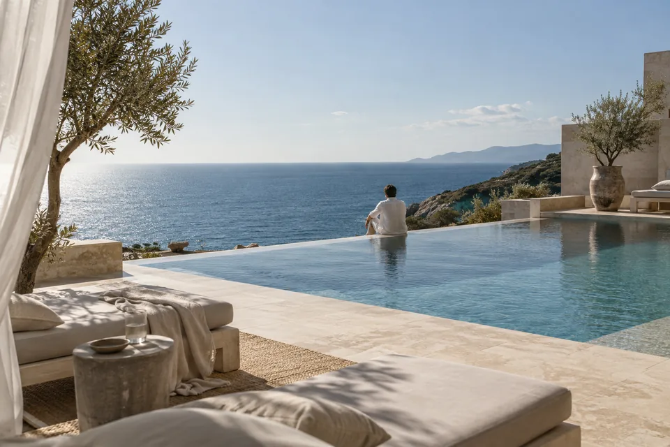 Une piscine face à la Méditerranée, une terrasse en pierre claire et des voilages de lin