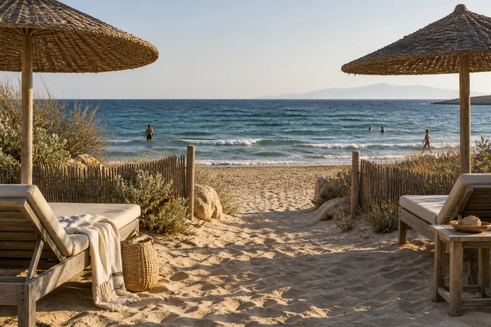 Un passage de sable entre des parasols en fibres naturelles, ouvert sur une mer bleue