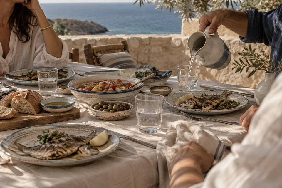 Un déjeuner sur une terrasse face à la mer, avec céramiques locales et nappe en lin